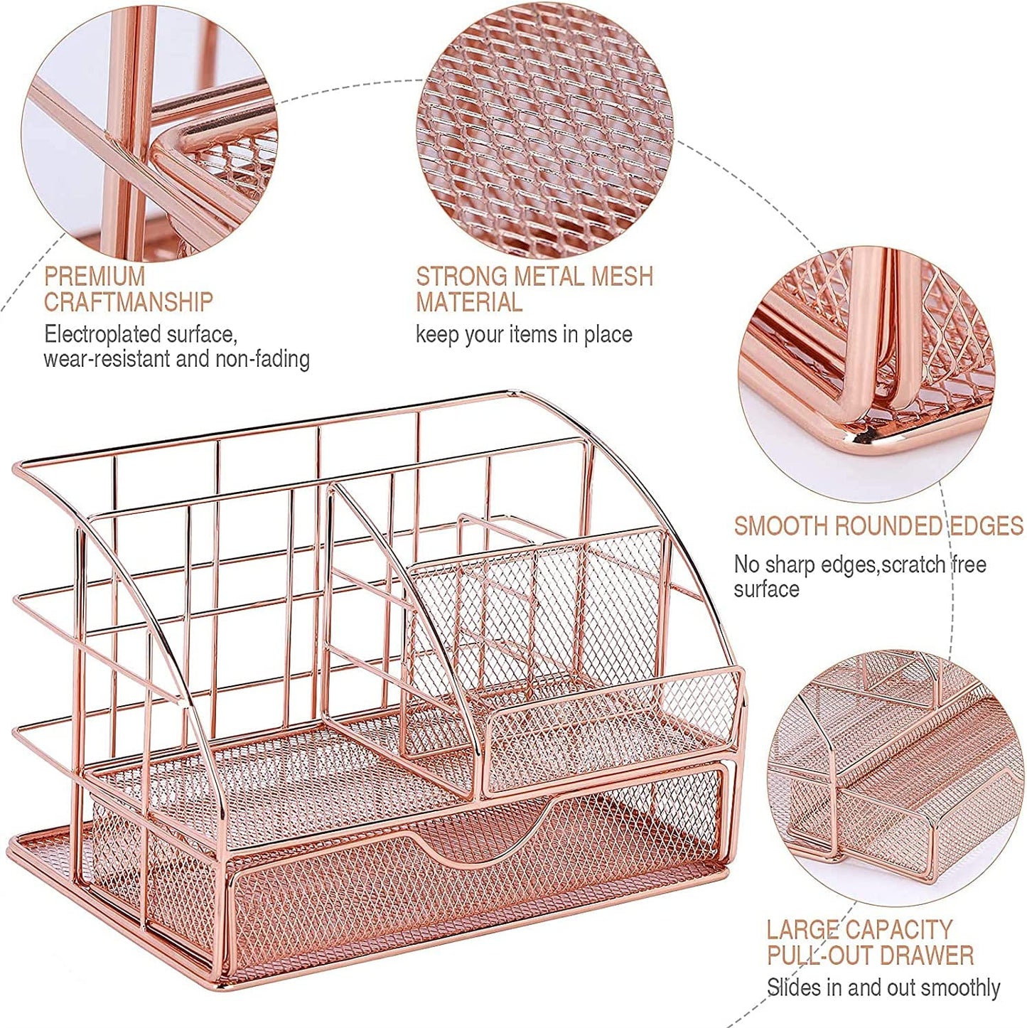 Multifunctional desk organizer, made of metal mesh.