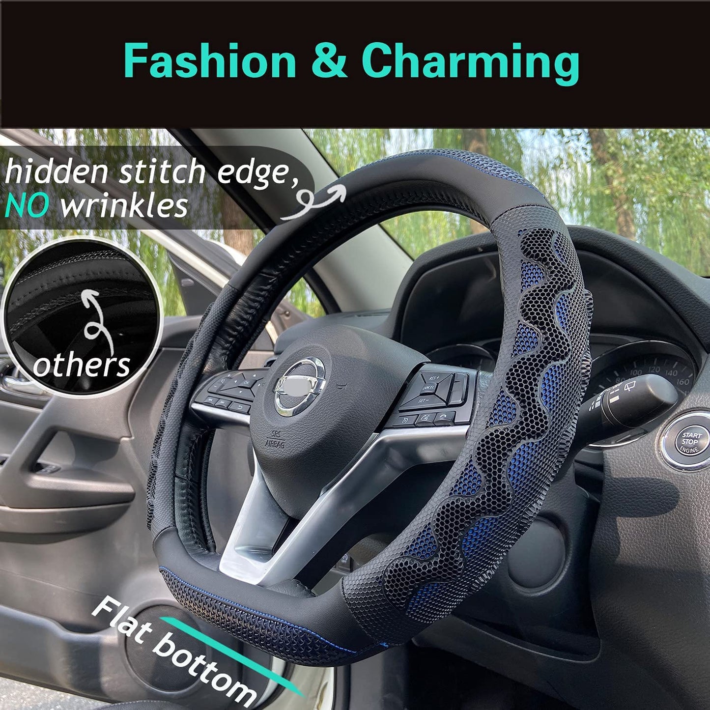 Black honeycomb high grip steering wheel cover (shaped, blue)