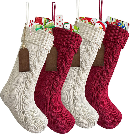 4 Pack 18" Knitted Christmas Stockings (Cream & Burgundy)