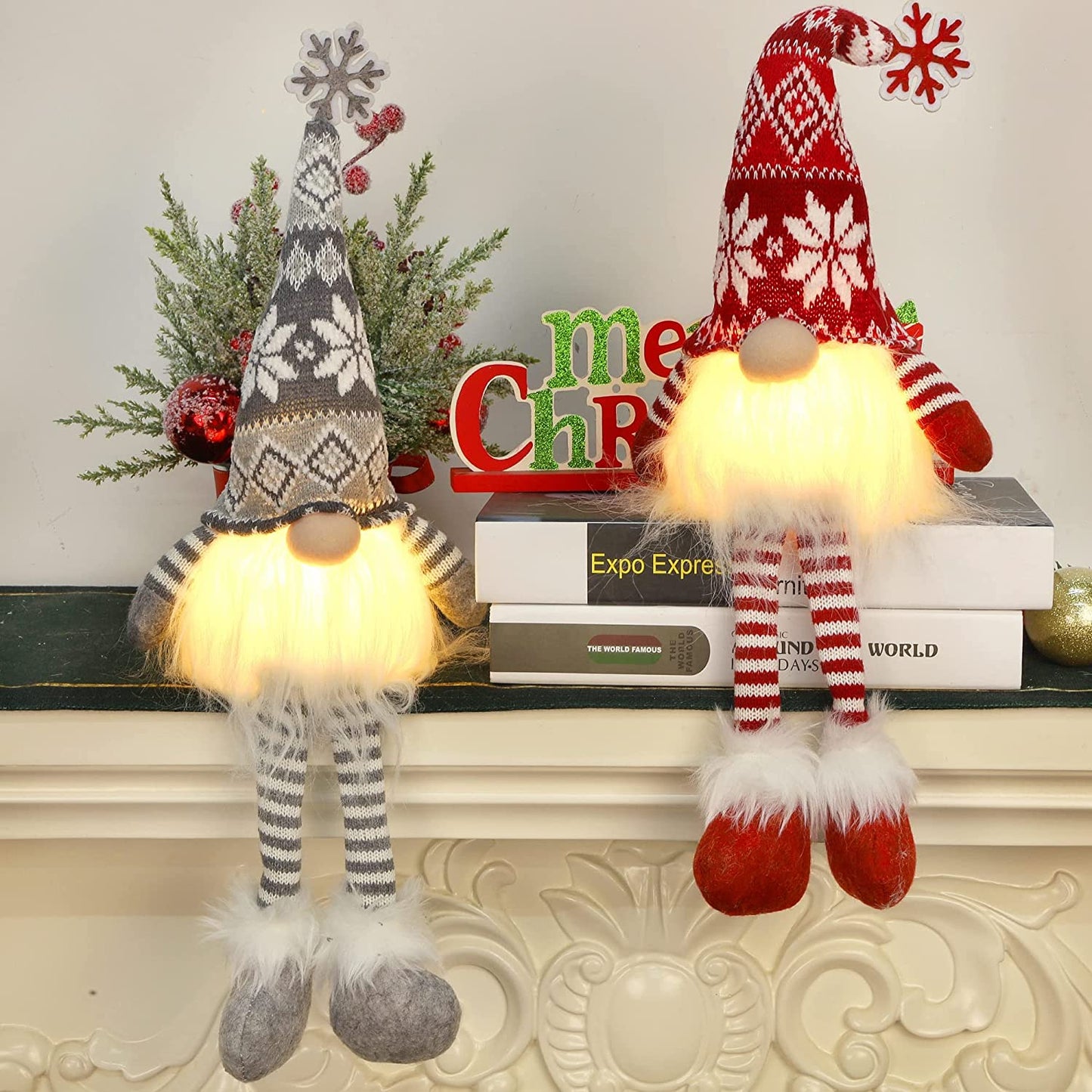 2 Pack Light Up Christmas Gnomes with Hanging Legs