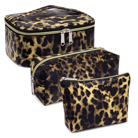 3 Piece Makeup Bag, Waterproof Organizer, Brown Leopard