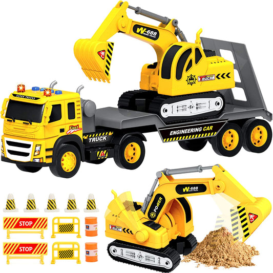 2-Pack Construction Toy Trucks, Flatbed Truck With Excavator