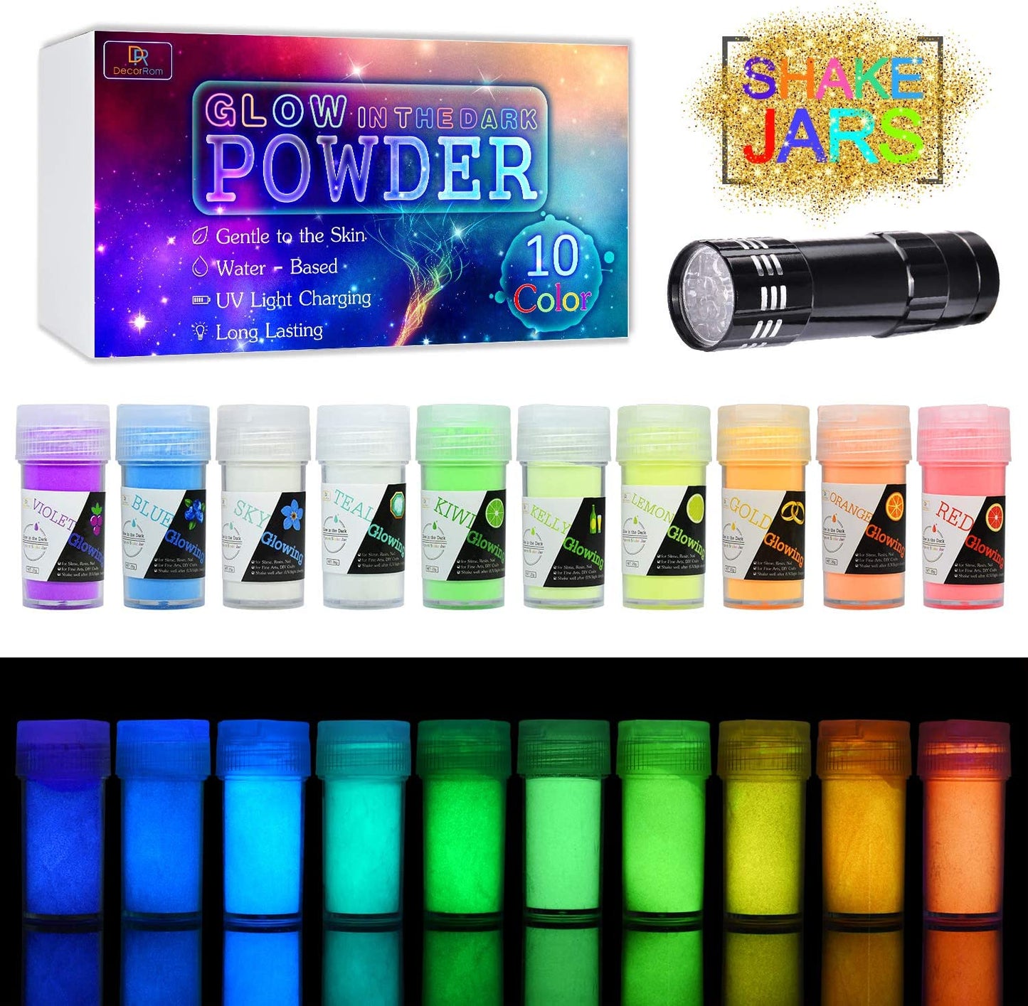 10 Colors Glow in The Dark Pigment Powder with Lamp (Total 7oz)