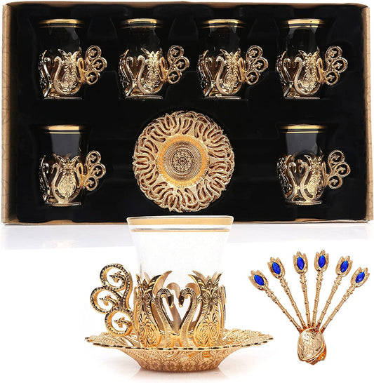 Handmade Turkish tea set, glasses, saucer and spoon, Gold