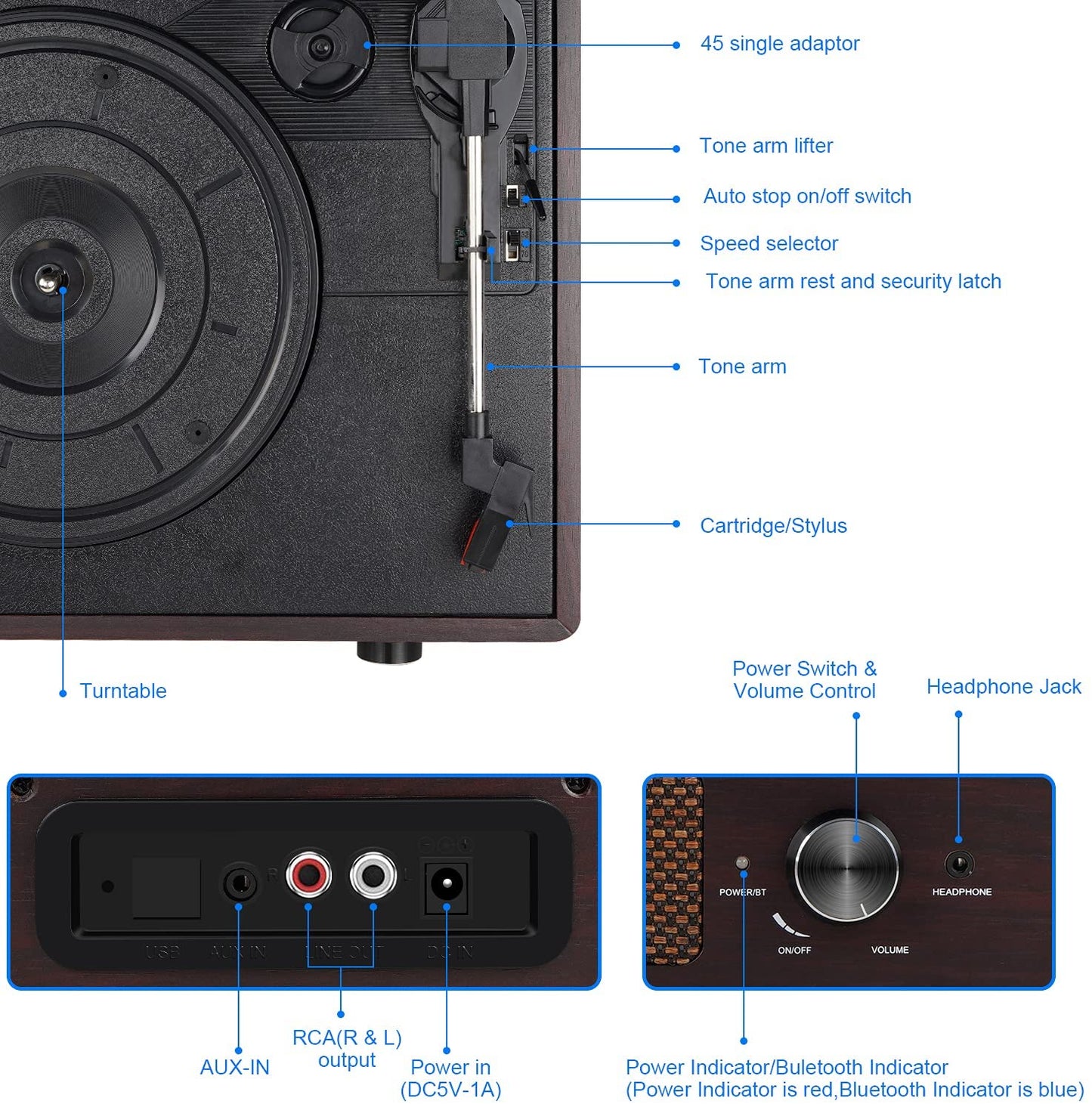 3-speed portable retro turntable,Brown