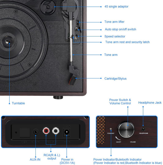 3-speed portable retro turntable,Brown