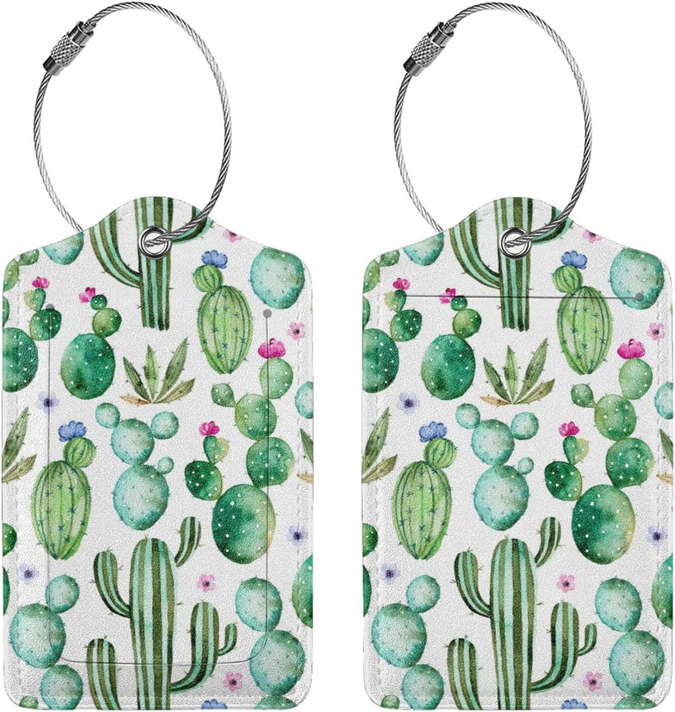 2 Pack Travel Luggage Tags with Stainless Steel Loop, Cactus-1