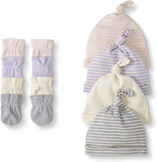 Pack of 4 organic cotton hats and mittens for babies, Color: Pink