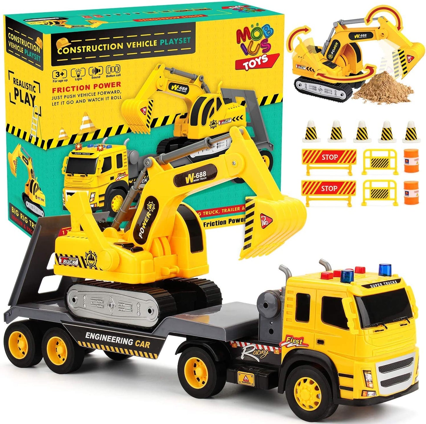 2-Pack Construction Toy Trucks, Flatbed Truck With Excavator