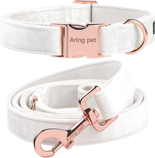 Velvet Pet Collar and Leash Set, Size l, White