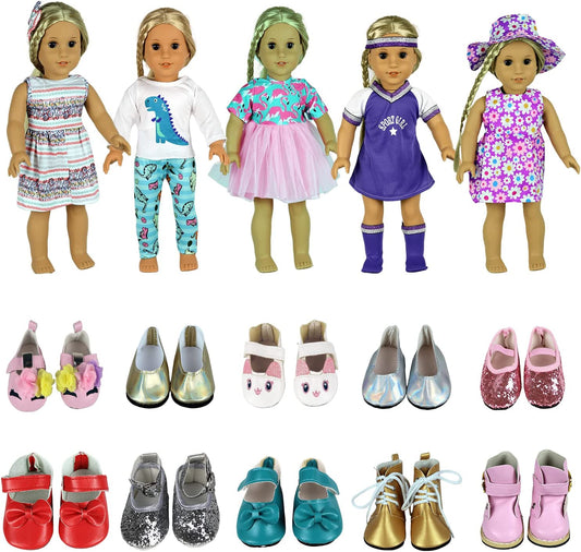 18 inch doll clothes, 5 daily wear clothes, dress + 2 shoes