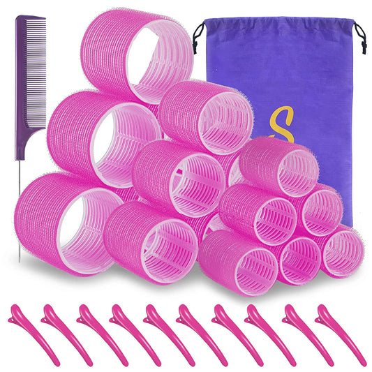 set of 18 heatless hair rollers, 3 sizes Color: Pink