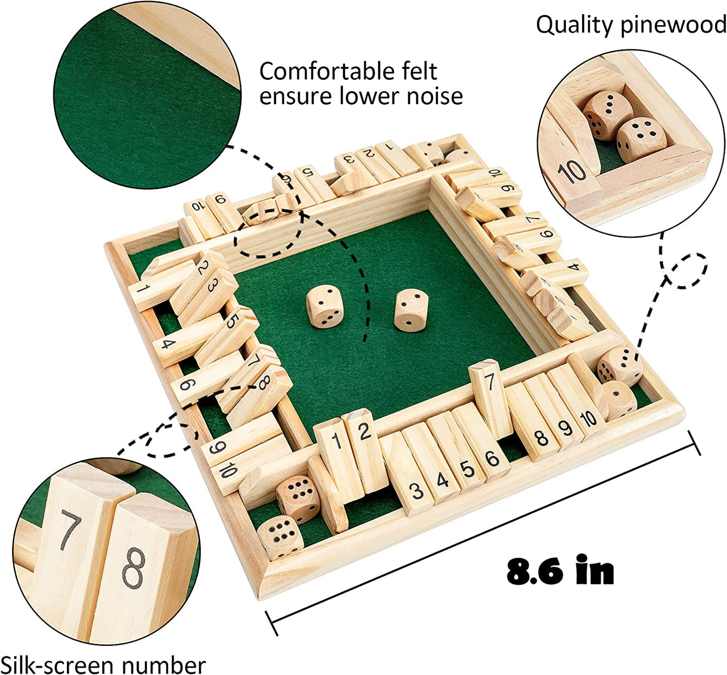 wooden board game; shut the box (2-4 players), 8.6 inches, Small