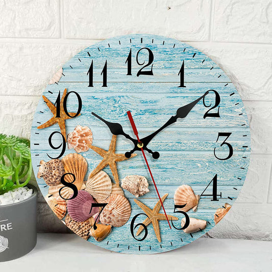 Wood Wall Clock, Vintage Blue Wood Seashells (12 Inch)