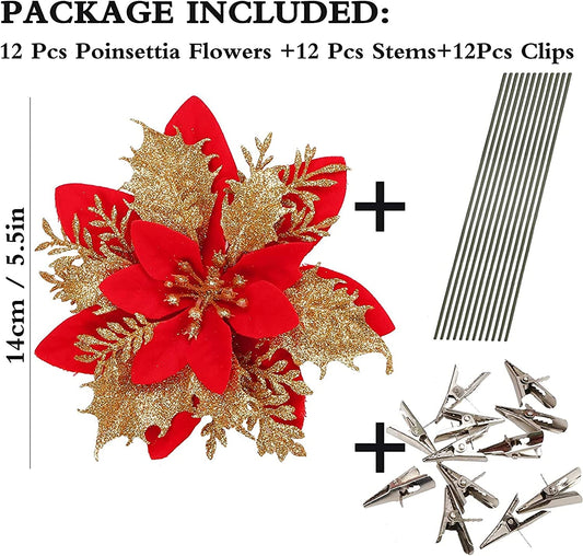 12 pcs 14 cm / 5.5 inches Red poinsettia Christmas flowers