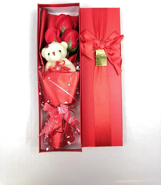 Gift box with cute teddy bear with 3 scented soap roses