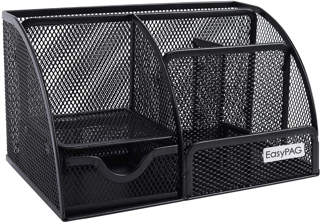 Mesh desk organizer with 6 compartments and 1 sliding drawer.