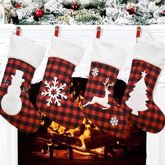 Set of 4 Christmas Stockings, Red and Black