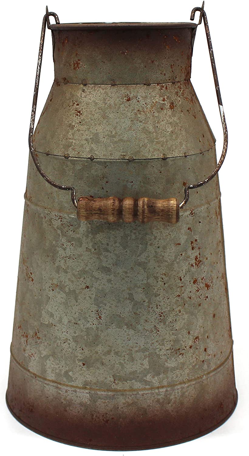 10 inch galvanized metal milk can with wooden handle