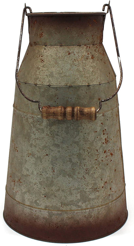 10 inch galvanized metal milk can with wooden handle