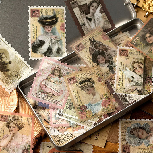 60 vintage postage stamp stickers, Classical Beauty