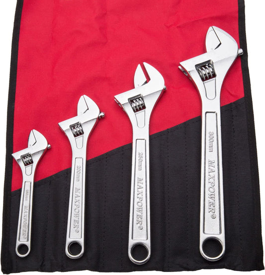 4 Piece Heavy Duty Adjustable Wrench Set, 6" 8" 10" 12", (Chrome)