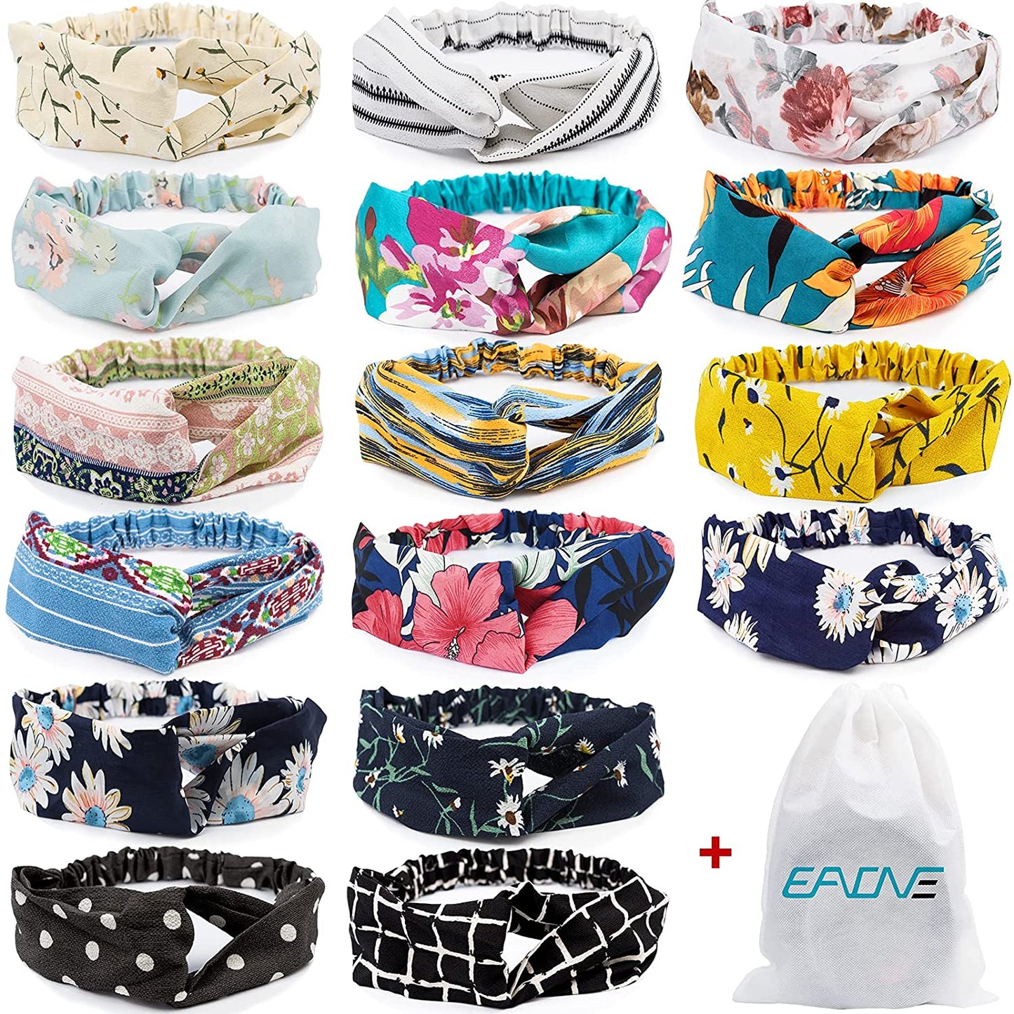 16 floral print headbands, elastic hair bands,