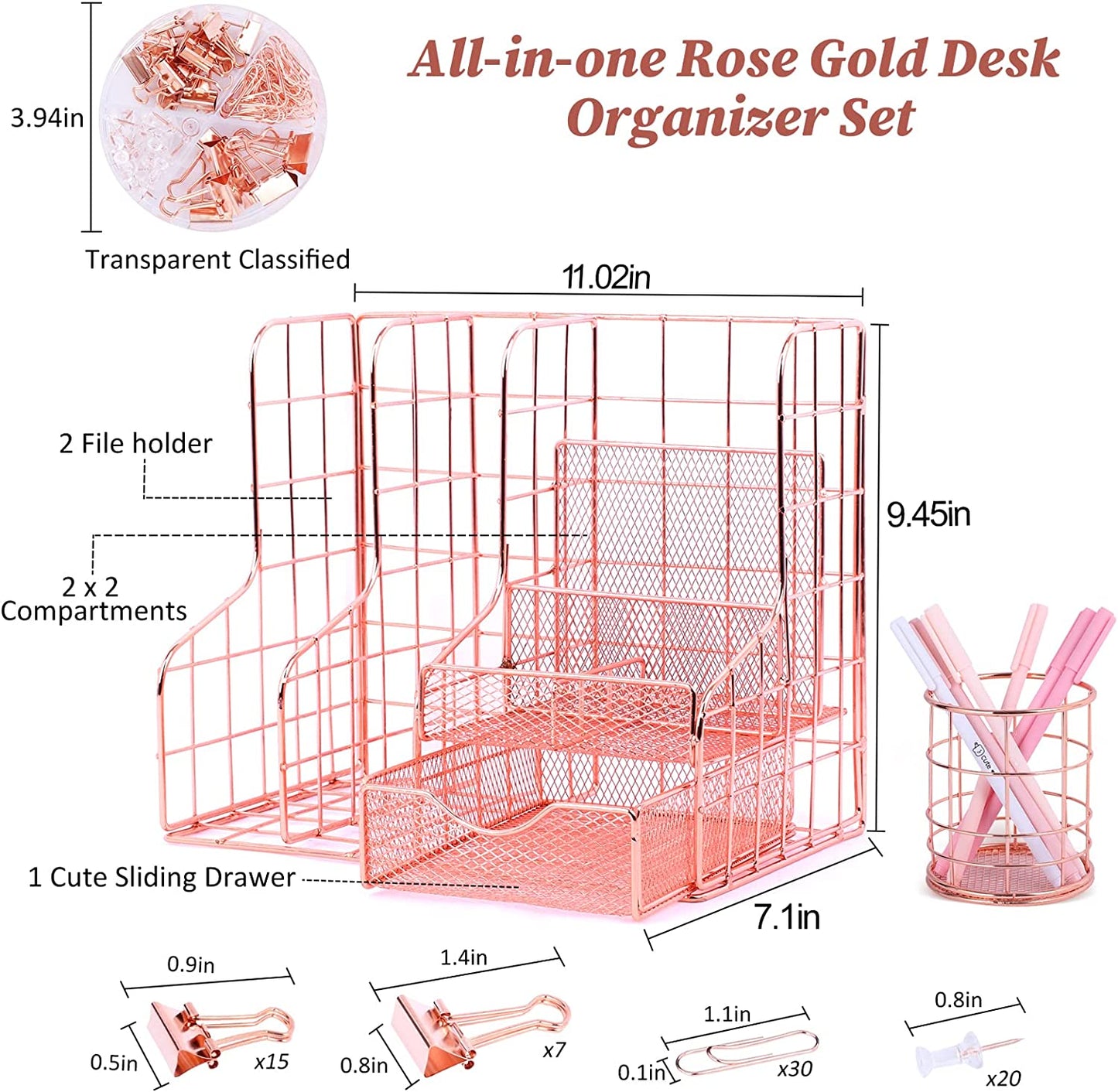 Desk organizer with 6 compartments, metal mesh, Rose Gold