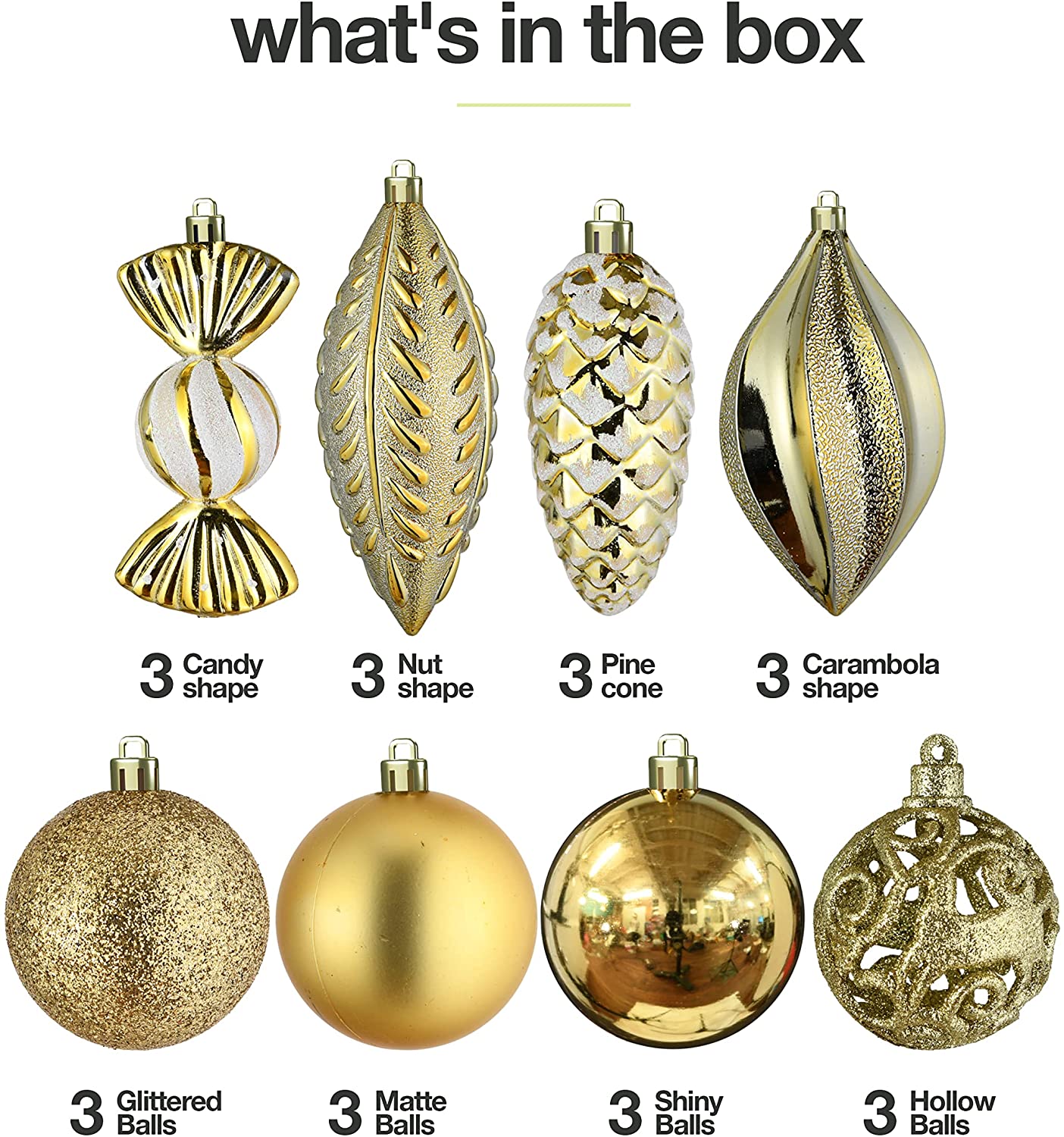 Golden Christmas balls for Christmas decorations, 24 pieces