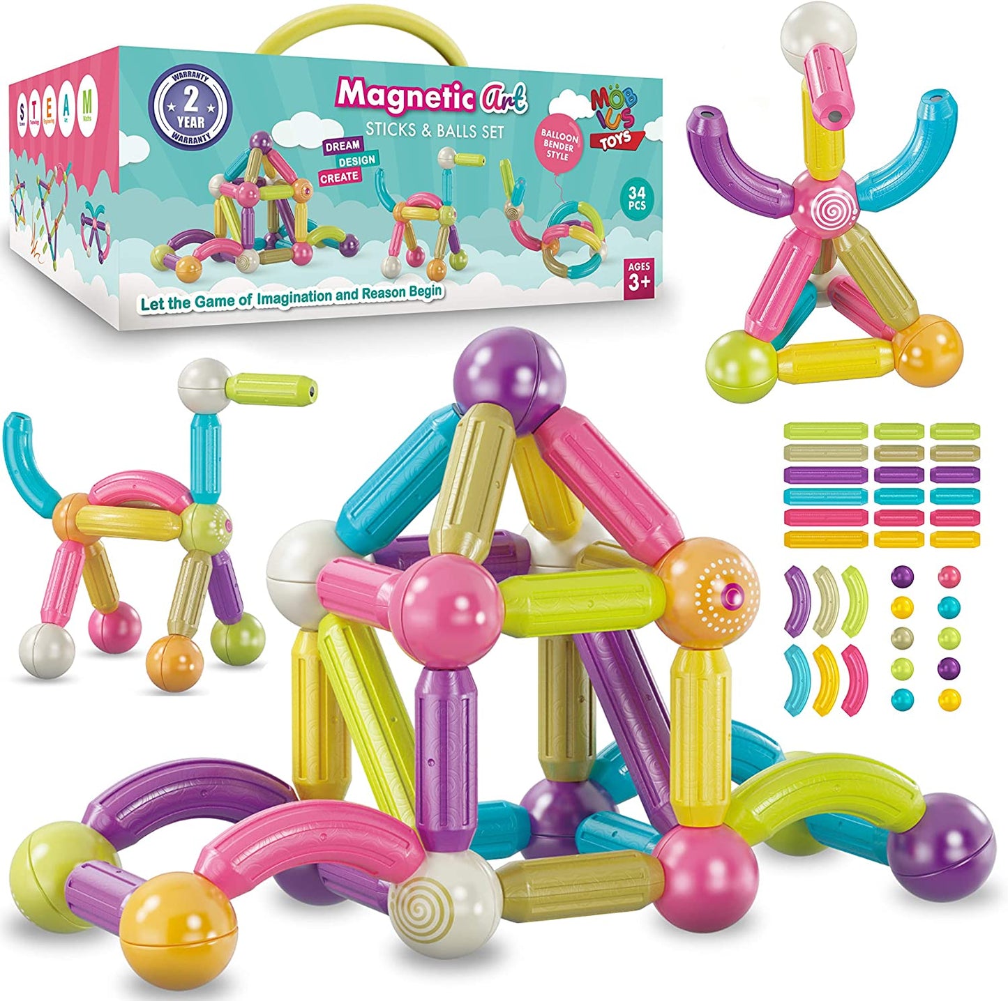 Magnetic Balls and Rods Set - 34 Piece Building Blocks