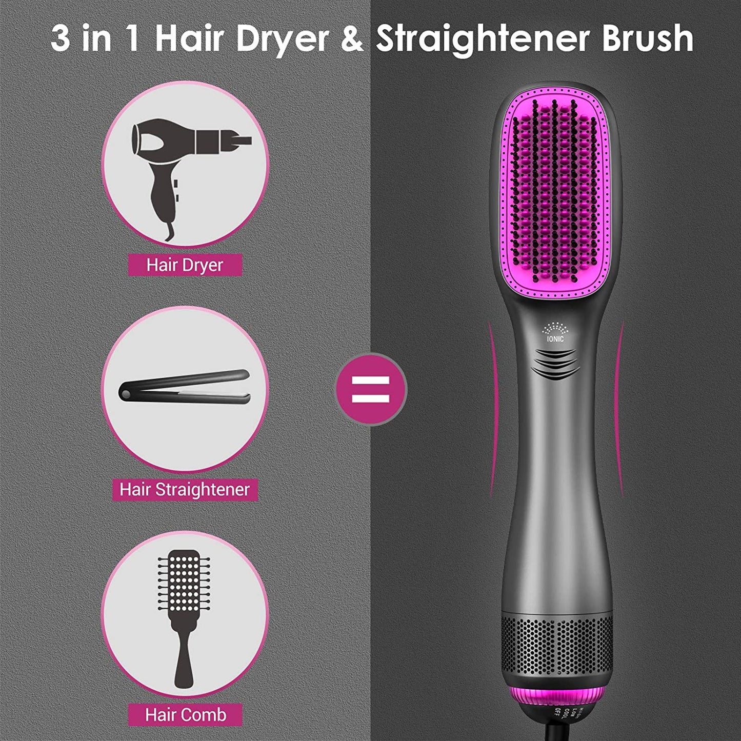 3-in-1 hair dryer brush, ceramic tourmaline, pink