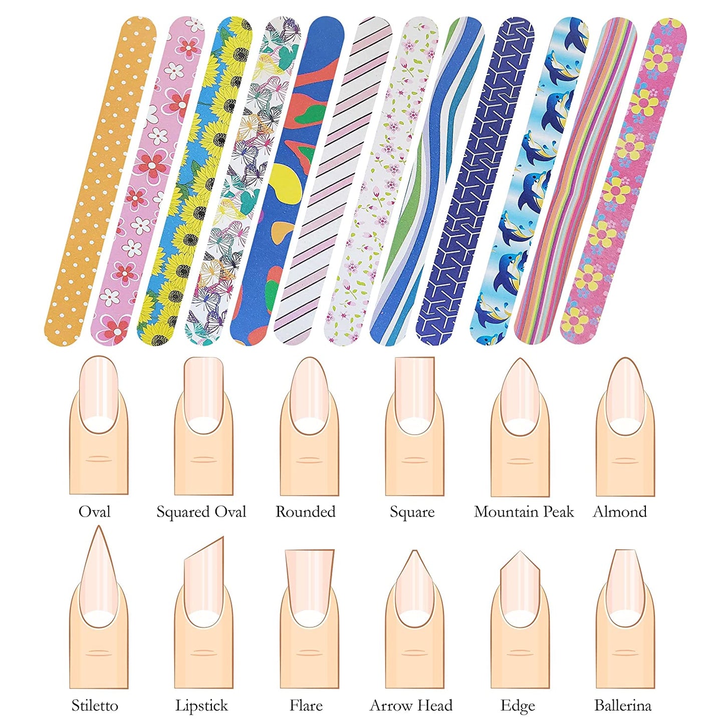 Colorful double sided nail file strips for shaping, pack of 12