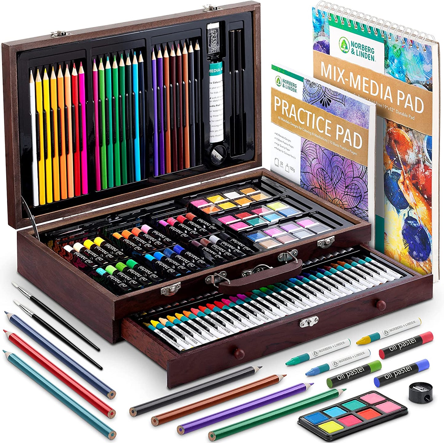 Art supplies set in wooden box