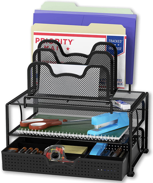 Mesh desk organizer with sliding drawer, double tray(Black)