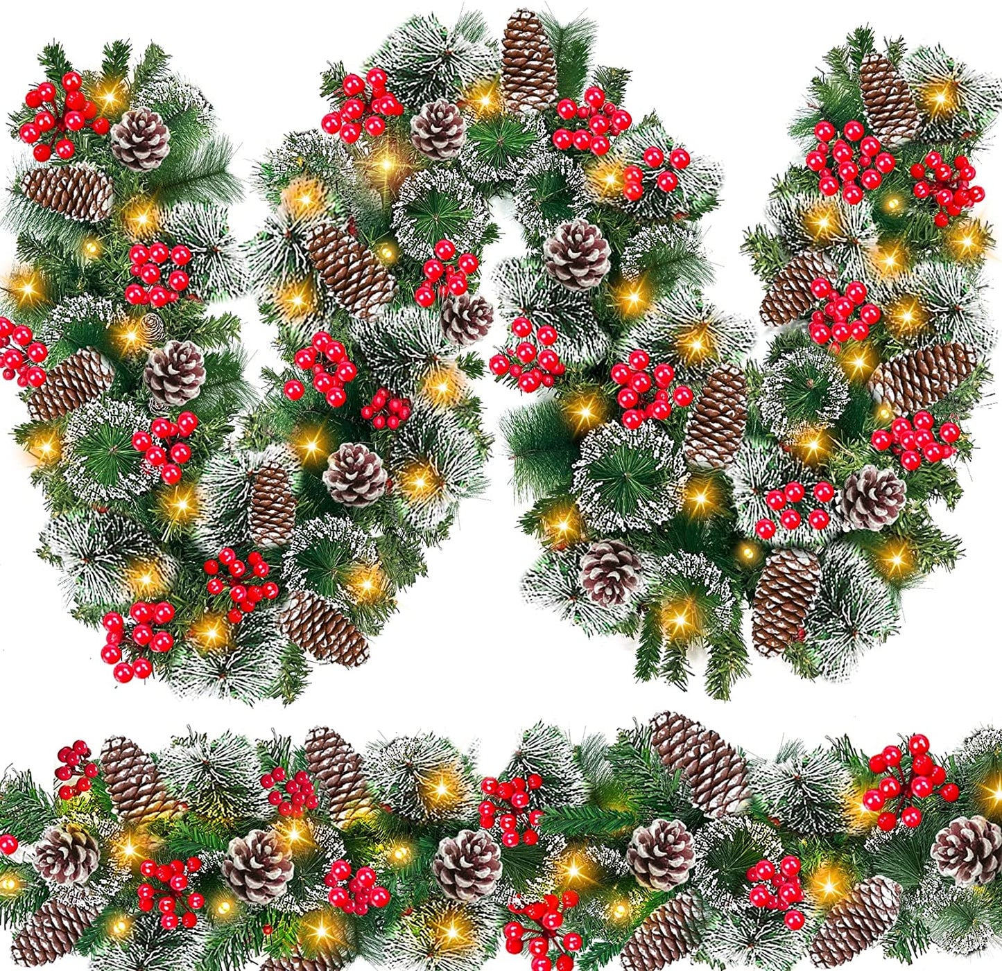 2 Pack + 8 Modes 9ft 100 LED Pre-lit Snowy Christmas Garland