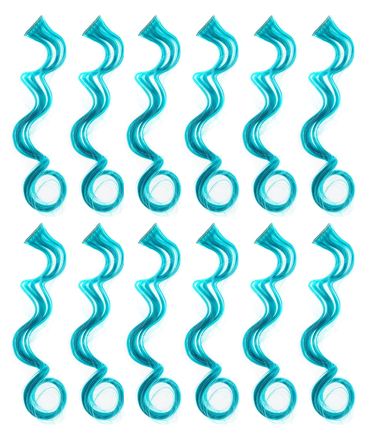 12 curly wavy hair extensions, (turquoise blue)