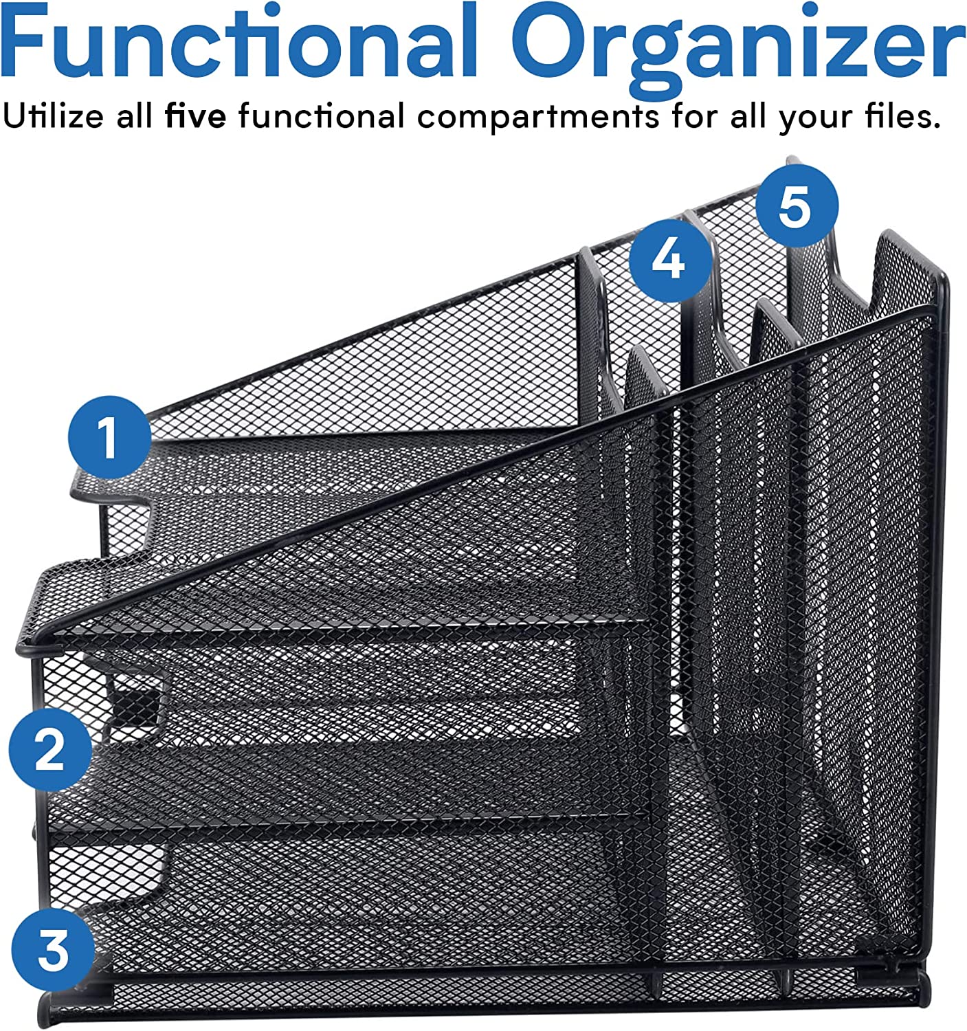 Mesh desk organizer, 5 compartments, colour: black