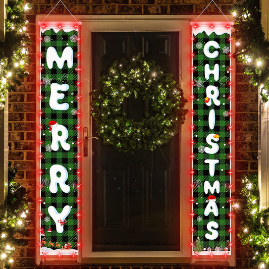 Christmas decoration banners with lights, Green Plaid