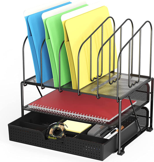 Mesh Desk Organizer with 5 Vertical Sections, (Color: Black)