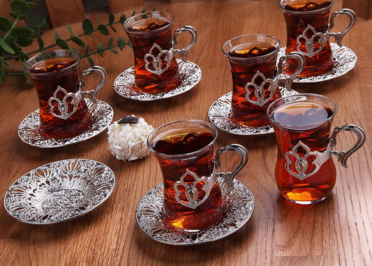 Turkish tea cups of 6 with silver stands and saucers