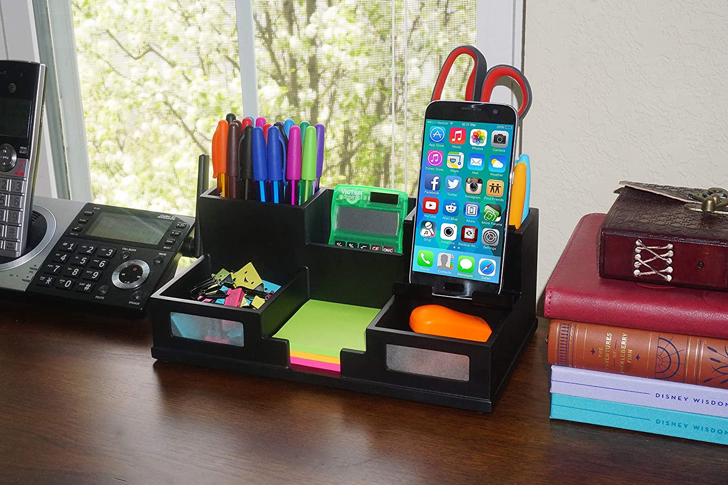 Wooden desk organizer with smartphone holder, black