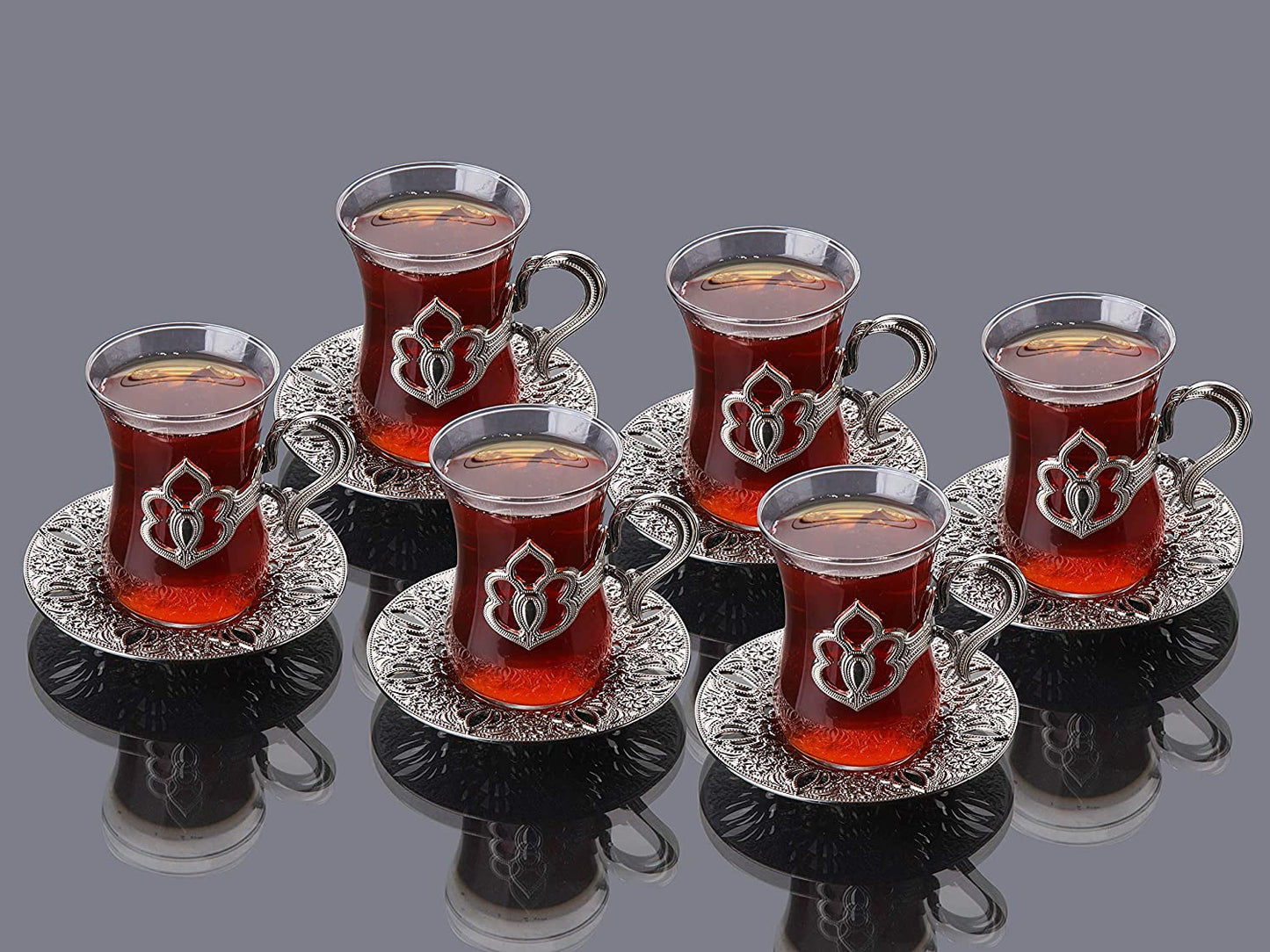 Turkish tea cups of 6 with silver stands and saucers