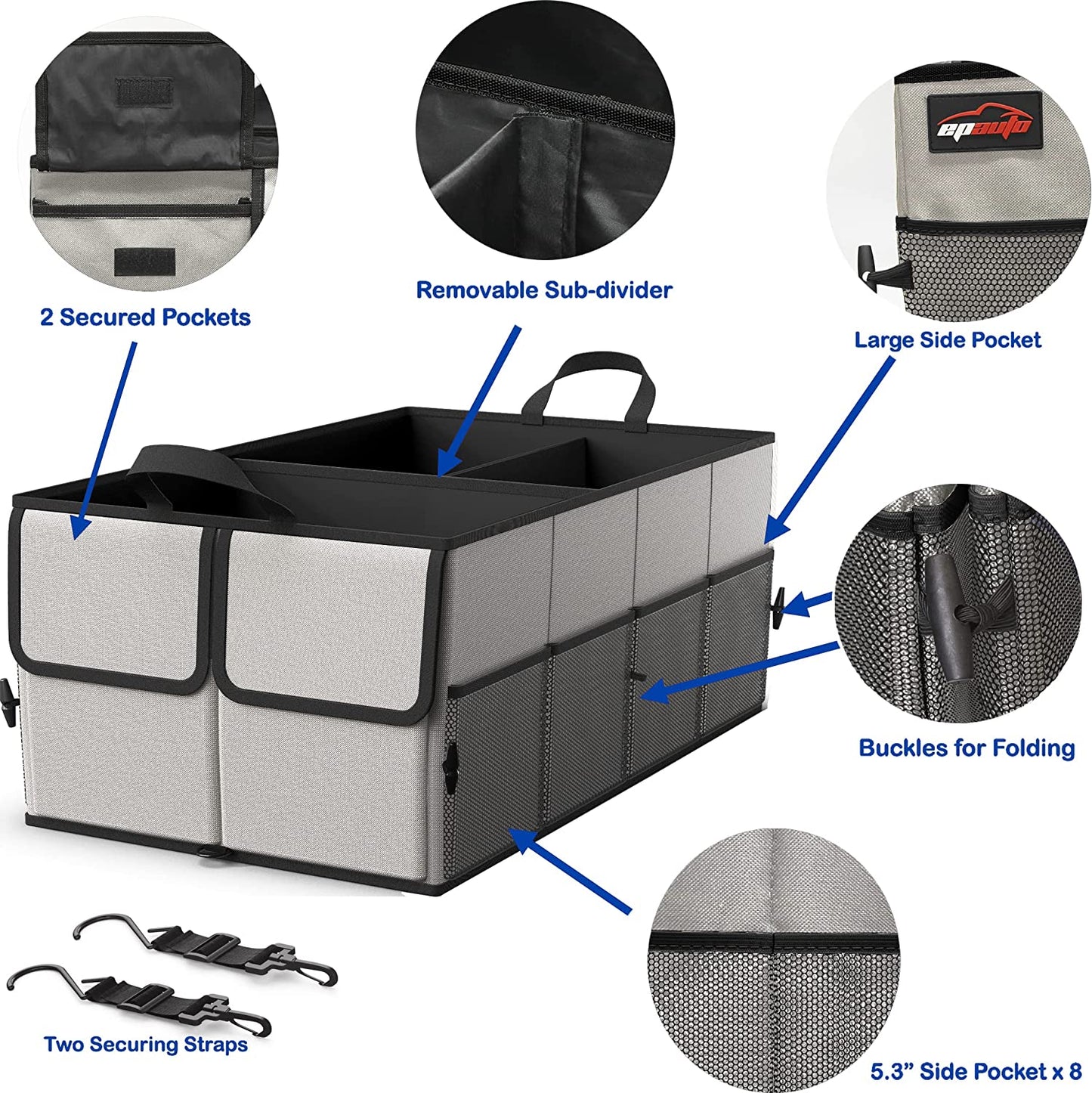 Trunk Storage Organizer with 3 Compartments (Gray)