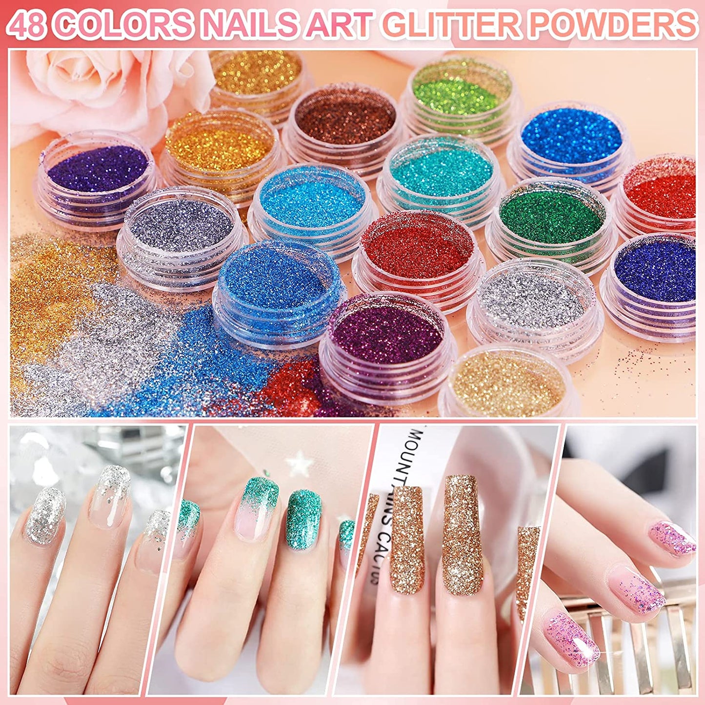 Nail art set; brushes, acrylic powders, etc. (Set A: 48 powders)