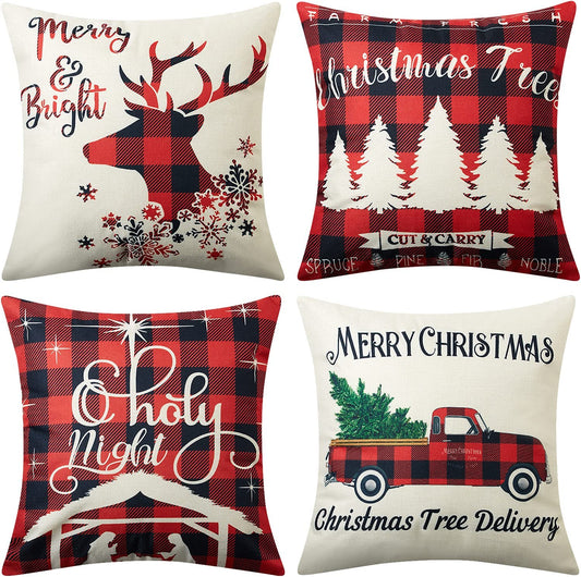 Set of 4 Christmas Cushion Covers, 18" x 18", red