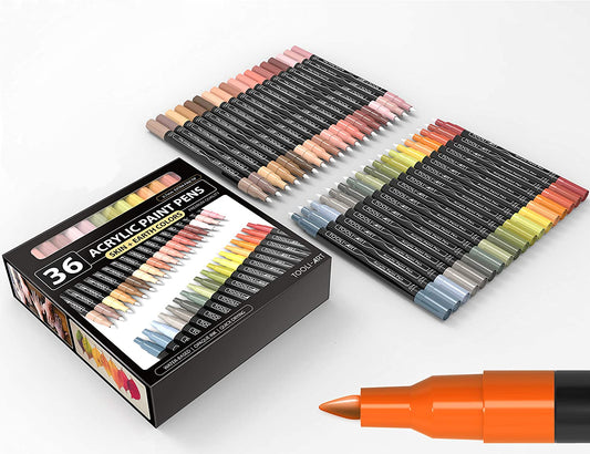 Set of 36 water-based quick-drying acrylic paint markers.