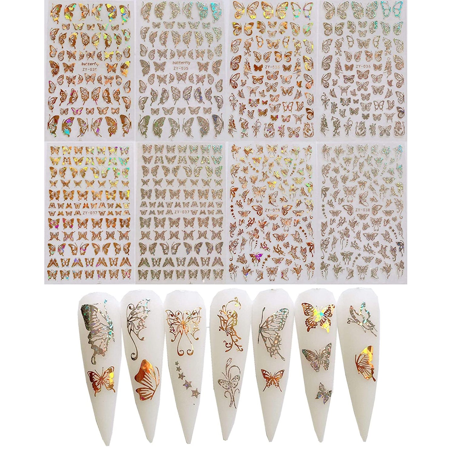 8 Sheet nail art stickers different butterfly shapes, color: gold