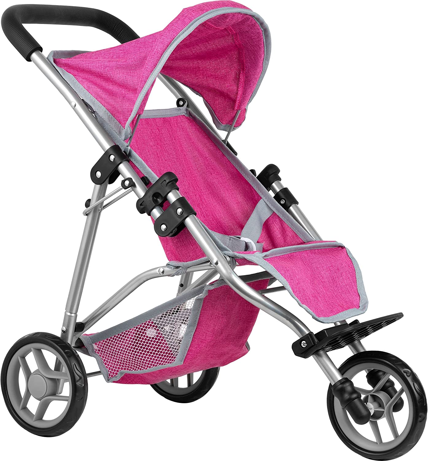 Dolls Stroller with Adjustable Hood and Basket (Denim Pink)