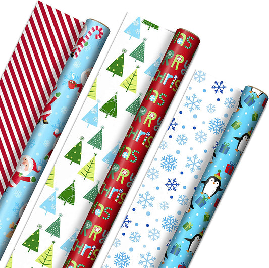 Cute Reversible Christmas Wrapping Paper (3 Rolls: 120 Sqft ttl)