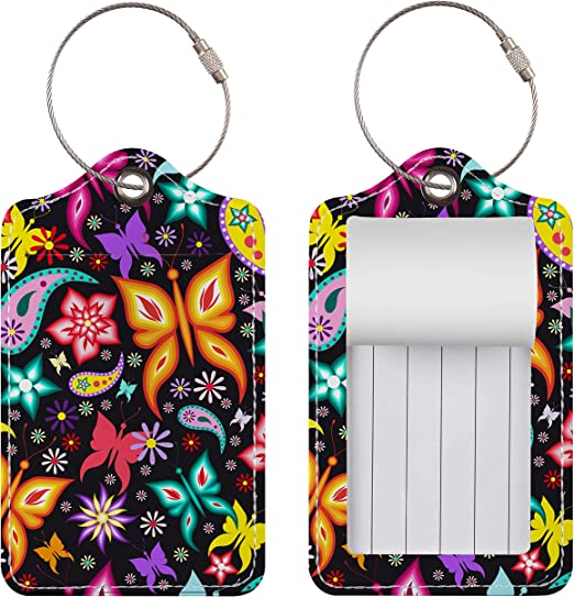 Pack of 4 Luggage Tags with, Stainless Steel Loop, Butterfly